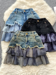 Lunivop Sexy Gyaru Denim Skirts High Waist Ruffles Patchwork Raw Edge Irregular Pockets Skirt for Women Summer Streetwear Y2k Clothing