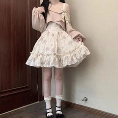 Lunivop  Skew Collar Bow Long Sleeve Corduroy Pink Tops Women+ Heavy Flower Print Slim Waist Camisole Dresses Spring New Two Piece Sets