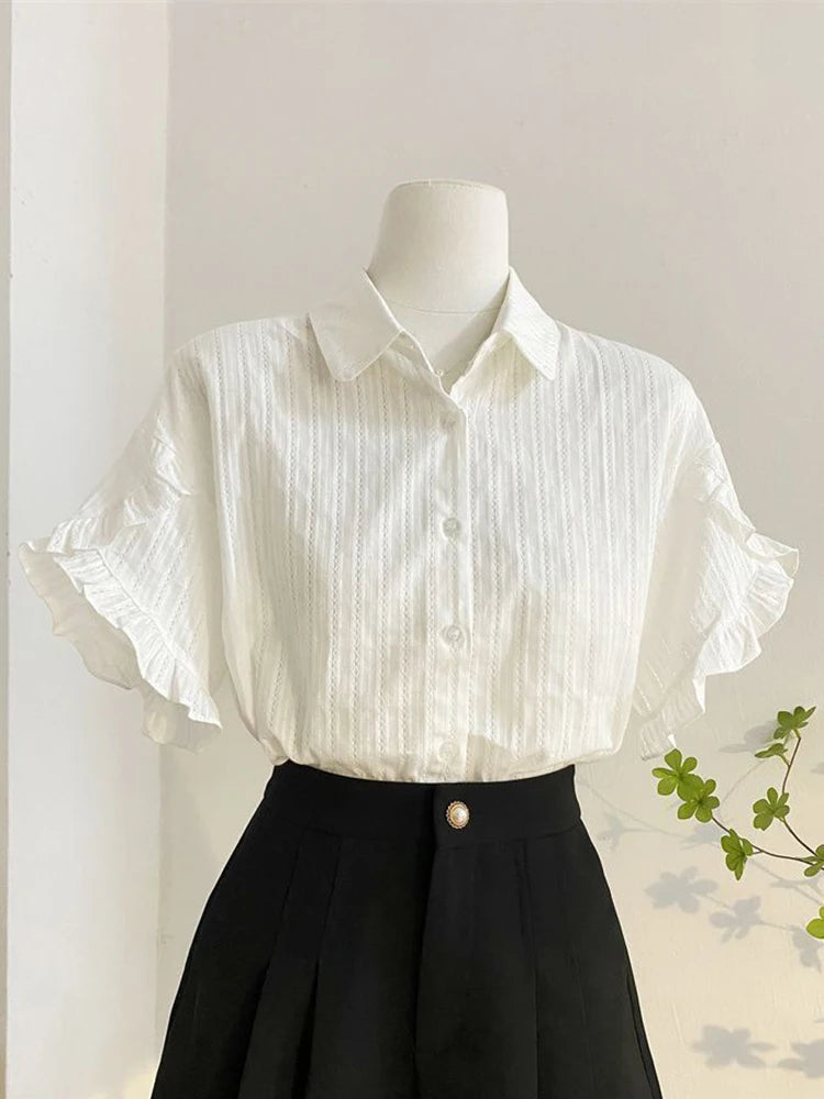 Lunivop  Fashion Casual White Shirt Women Sweet Flare Sleeve Cute Blouse Loose Preppy Style Female Summer Chic Simple All Match Tops