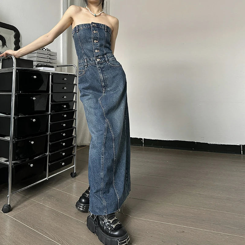 Lunivop Denim Strapless Buttons Stretchy Slim Slit Long Dress Casual Fashion Streetwear Summer Vacation Daily Party Women Clothes