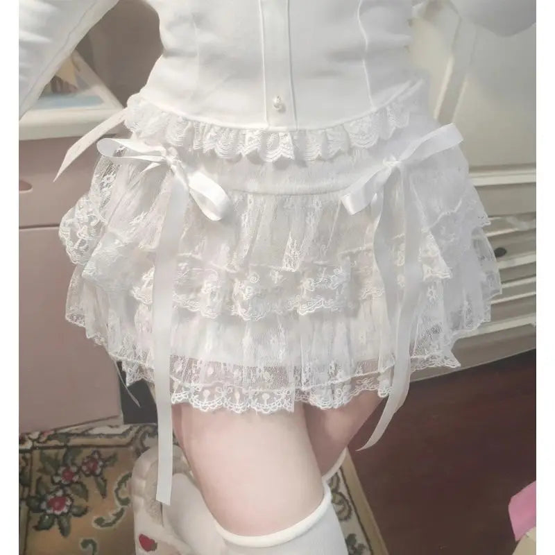 Lunivop Sweet Kawaii Skirts Women Lolita Coquette Lace Bow Patchwork Mini Skirt White High Waist Cute Summer A-line Short Skirt
