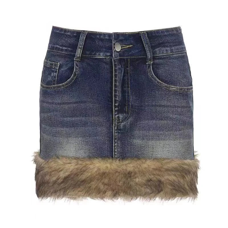 Lunivop Y2k Vintage Denim Skirt Women Sexy Harajuku Fur Patchwork Mini Skirts Retro Slim Up Streetwear A-line Short Skirts
