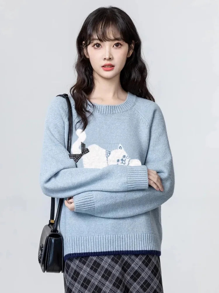 Lunivop Cartoon Cat Print Kawaii Sweaters Women Sweet Bow Long Sleeve Cute Knitted Jumper Vintage Japan O Neck Casual Loose Pullovers