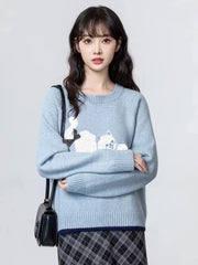 Lunivop Cartoon Cat Print Kawaii Sweaters Women Sweet Bow Long Sleeve Cute Knitted Jumper Vintage Japan O Neck Casual Loose Pullovers