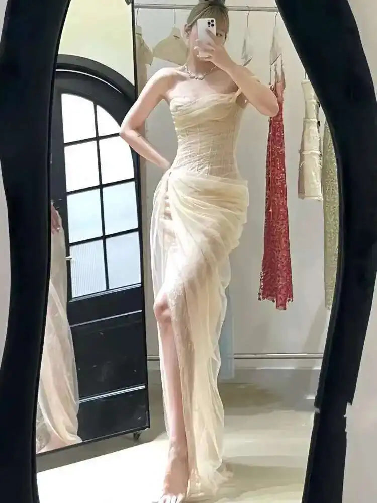 Lunivop Mesh Dress For Vacation,single Straps High Waist Long Vestido,pullover Sheer Fake Two Pieces Party Dresses