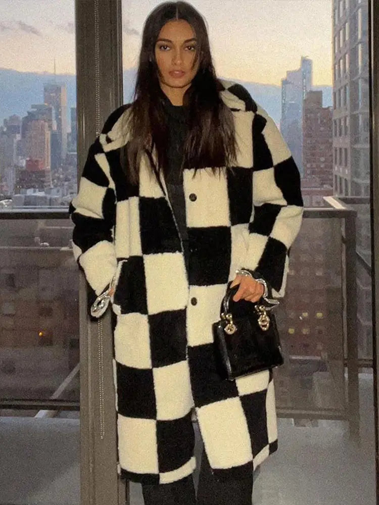 Lunivop Black and White Checkerboard Long Jackets Women Thickened Warm Lapel Single-Breasted Faux Fur Coat Winter Soft High Street Tops