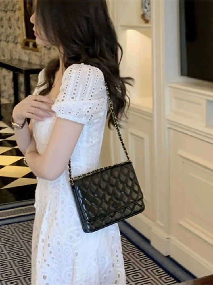Lunivop  Summer White Midi Dress Hollow Out For Women Elegant Square Collar Puff Sleeve French Kawaii Vestidos Korean Chic Dresses Mujer