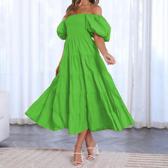Lunivop   Women Off Shoulder Solid Color Long Dress Summer Short Puff Sleeve Slash Neck A-Line High Waist Mid-Calf Sundress