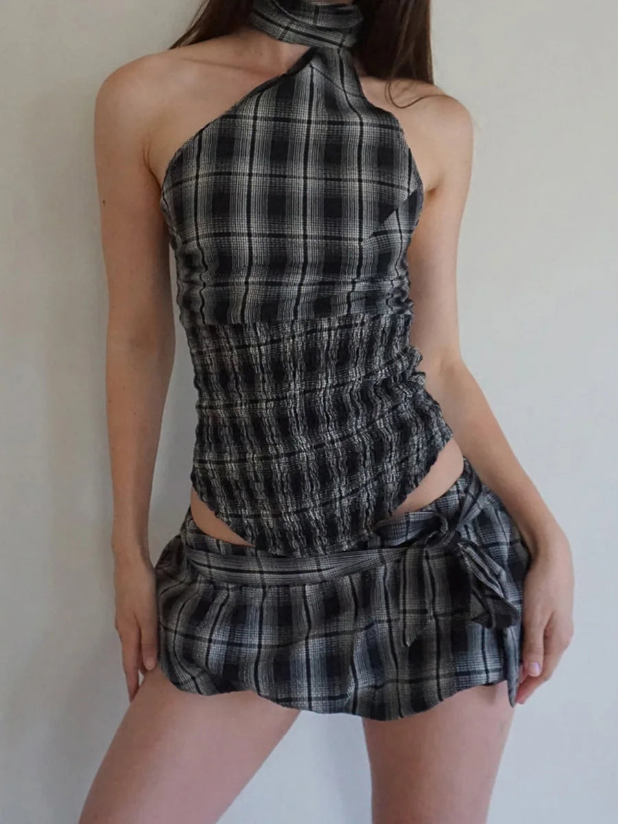 Lunivop  Women Y2K 2 Piece Bubble Skirt Outfit Set Off the Shoulder Plaid Halter Tank Top and Puff Mini Skirt with Belt Party Clubwear