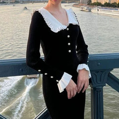 Lunivop Elegant Knitted Long Skirt Women Black Vintage Long Sleeve Party Dresses Sweet Ruffle Patchwork Sweater Maxi Dress Slim