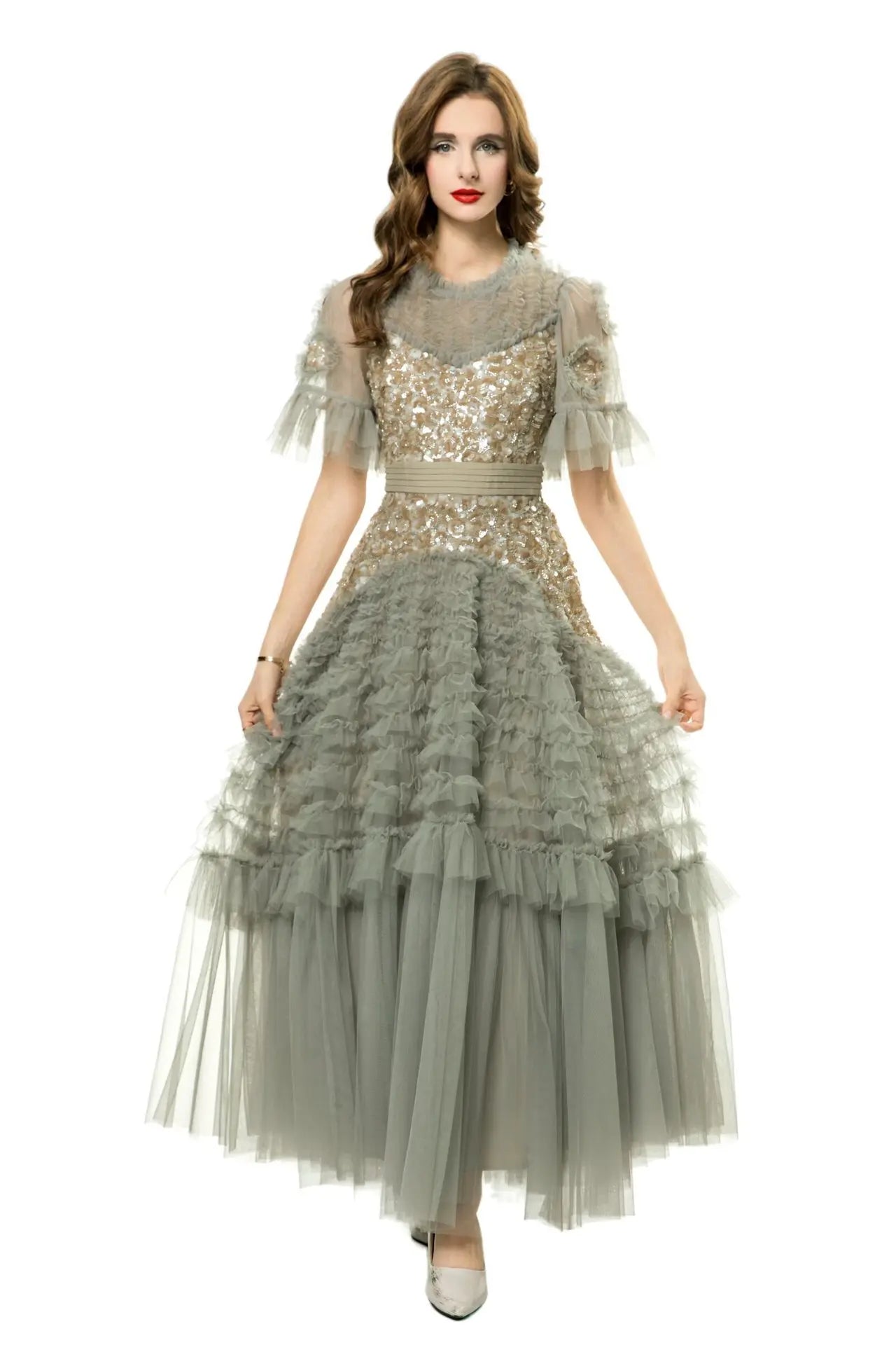 Lunivop Fashion Women Dress Short Sleeve Round Neck Lotus Leaf Edge Lace Splicing Sequins Female Party Dress New Tide