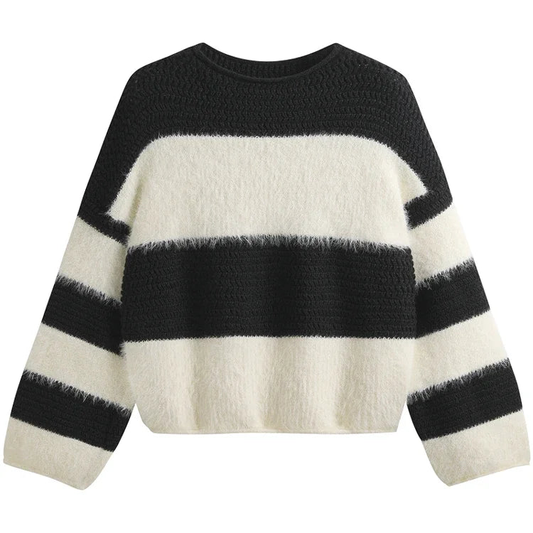 Lunivop Fuzzy Striped Sweater Women Pullovers Cozy Loose Long Sleeve Crop Knit Jumper Knitwear Teen-girl Fall Winter Casual Chic Outfit