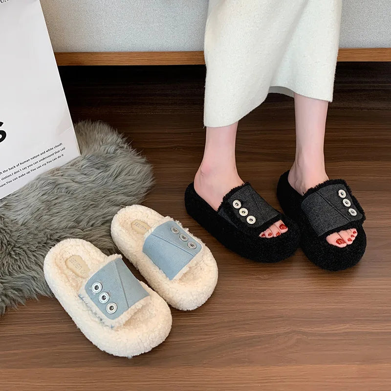 Lunivop Chunky Platform Fur Slippers Women Autumn Thick Bottom Designer Denim Furry Outdoor Slippers Woman Non-slip Short Plush Slides