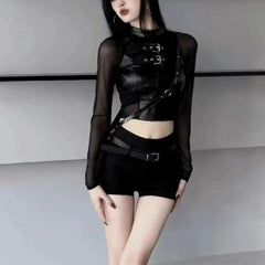 Lunivop  Sexy Crop Top Black Leather T-shirts Autumn New Slim Fit Tee Shirt Y2k E-Girl Long Sleeve Mesh Tops Women