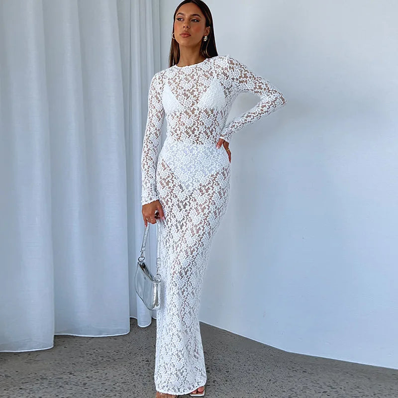 Lunivop  Summer Fashion New Women's Elegant and Sexy Hollow Knitted Beach Dress Vacation Style Lace Long Sleeve Bikini Hoodie