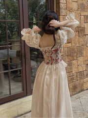 Lunivop  Vintage Elegant Print Floral Dress Women Autumn O-neck Casual Evening Party Midi Dress Female Puff Sleeve Korea Fairy Dress