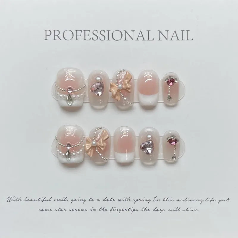 Lunivop  10Pcs Short Glitter French Fake Nails Full Cover 3D Diamond Bow Pearl Design Wearable Nail Tips Art Pink Handmade Press on Nails