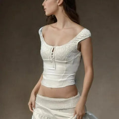 Lunivop  Summer Elastic Bow O collar Tank Top Slim Corset Women White Embroidery Flower Spliced Rib Waist Back Zipper Slim Crop Vest