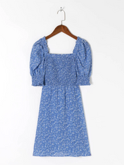 Lunivop  Retro French Style Blue Floral Print Square Collar Dress Puff Sleeve Elastic Ruched Chest Woman Dresses Holiday Robe Female