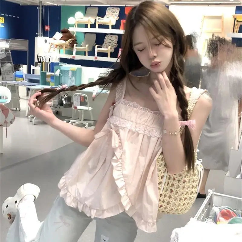 Lunivop  Sweet Pink Lace Patchwork Camisole Vest Y2k Loose Sleeveless Top for Women 2025 Summer New All-match Casual Tank Top