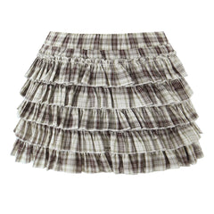 Lunivop  2 Pieces 1 Set Summer Gingham Plaid Short Puff Sleeve Shirt Tank Top + Elastic Waist Tier Cascade Wood ears Ruffles Mini Skirt