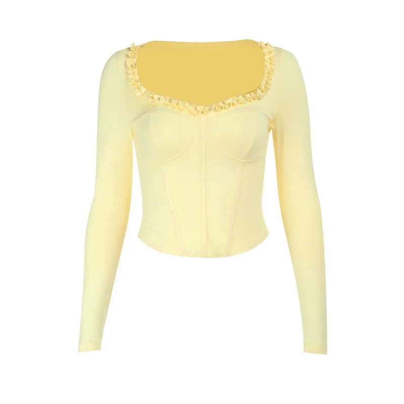 Lunivop  BKLD Women Elegant Slim Fit Tops Full Sleeved Low-cut Neck Solid Color Edible Tree Fungus T Shirt Casual Holiday Streetwear
