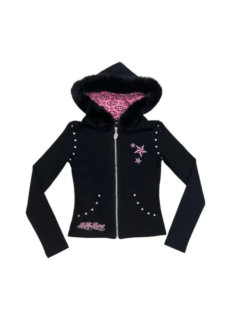 Lunivop  Y2K Vintage xubculture Millennium style fur collar hooded sweatshirt streetwear rivets slim fit spicy girl style zipper top emo