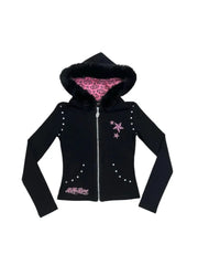 Lunivop  Y2K Vintage xubculture Millennium style fur collar hooded sweatshirt streetwear rivets slim fit spicy girl style zipper top emo