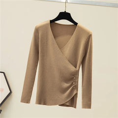 Lunivop Sweater for Women Pullovers Ribbed Knit V-Neck Long Sleeve Button Side Plain Jumper Teen-girl Fall Winter Basic Outfit