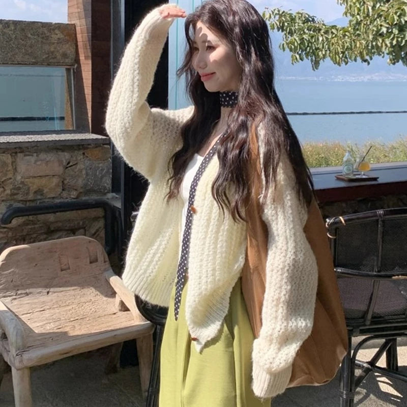 Lunivop Open Knit Cardigan for Women Long Sleeve V-neck Button Up Sweater Jacket Autumn Winter Ladies Slouchy Casual Outfit