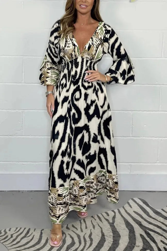 Lunivop  Women Clothing Autumn Fashion Printed V-Neck Printed Dress Wrist Length Sleeve Ruffles Patchwork Party Long Dresses