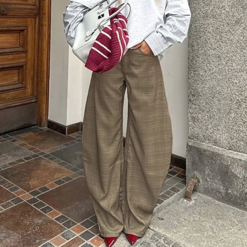 Lunivop  BKLD Vintage American Knife Shape Pants Women Plaid Print Casual High Waist Pockets Trousers Temperament Street Commuter Clothes