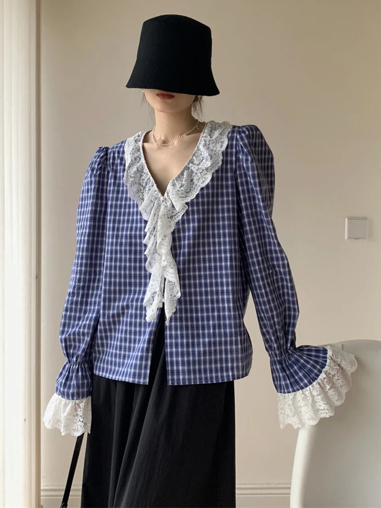Lunivop   Vintage Ruffles Plaid Shirt Women Elegant Lace Patchwork V Neck Blouse French Sweet Long Sleeve Retro Design Casual Tops