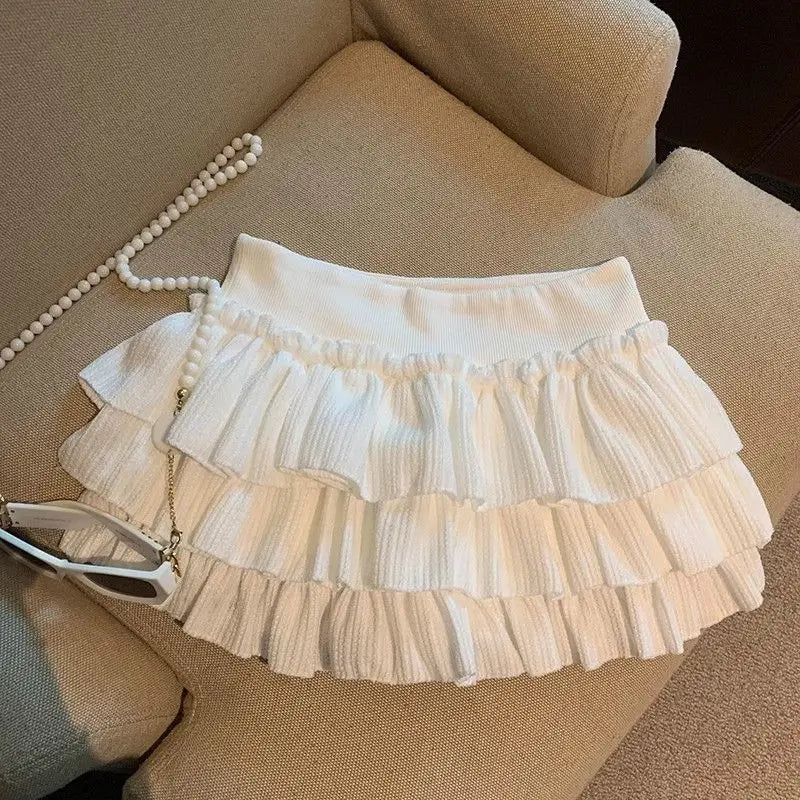 Lunivop Sweet Kawaii Cake Skirts Women Elegant Korean Fashion Ruffle Mini Skirt Harajuku Casual High Waist Solid Layered Skirt