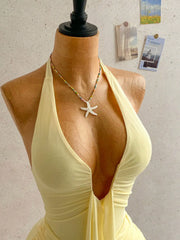 Lunivop  Women's Sexy Deep V-Neck Halter Tie Ruched Mini Dress Yellow Beach Vacation Party Dress