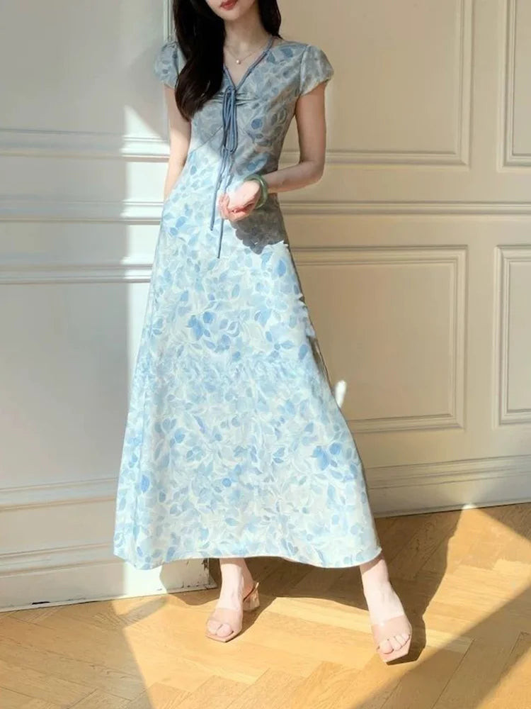 Lunivop  Sweet Blue Print Long Dress Women Slim Vintage V Neck Elegant Dress Casual French Retro Lace Up Female Soft Vestidos New