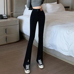 Lunivop  High Waist Straight Leg Black Denim Jeans Women's Spring Fashion Slit Elastic Micro Flare Trousers Korean Design Sensation
