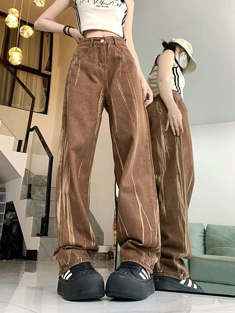 Lunivop  Tie Dye Retro Brown Jeans Women High Waist Streetwear Y2K Denim Pants American Loose Casual Lady Vintage Harajuku Trousers