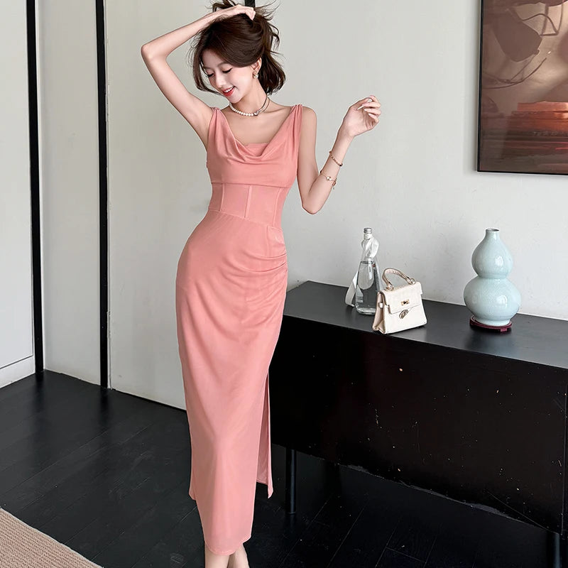Lunivop  New Pink Mesh Swinging Collar Sexy Sling Long Dress Summer Pleated Bodycon Prom Clothes Women Korean Elegant Evening Dress