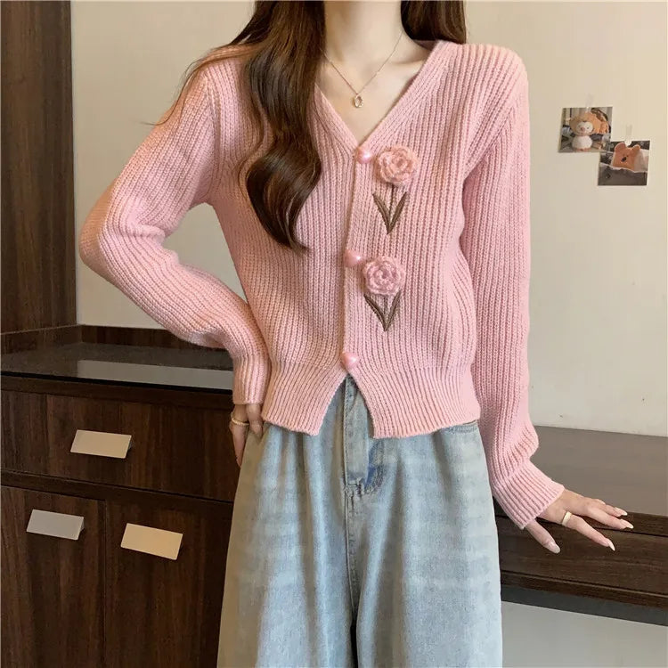 Lunivop Flower Applique Knit Cardigan Autumn Winter Women Cardigan Sweater Coats Long Sleeve Crop Knitted Jackets Cute Outfit