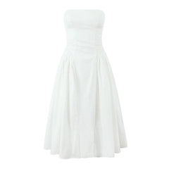 Lunivop  Sexy White Slash Collar Backless Midi Long Strapless Dress Women Pleated Folded Low Waist Pleated Ruched Hem Swing Party Robe