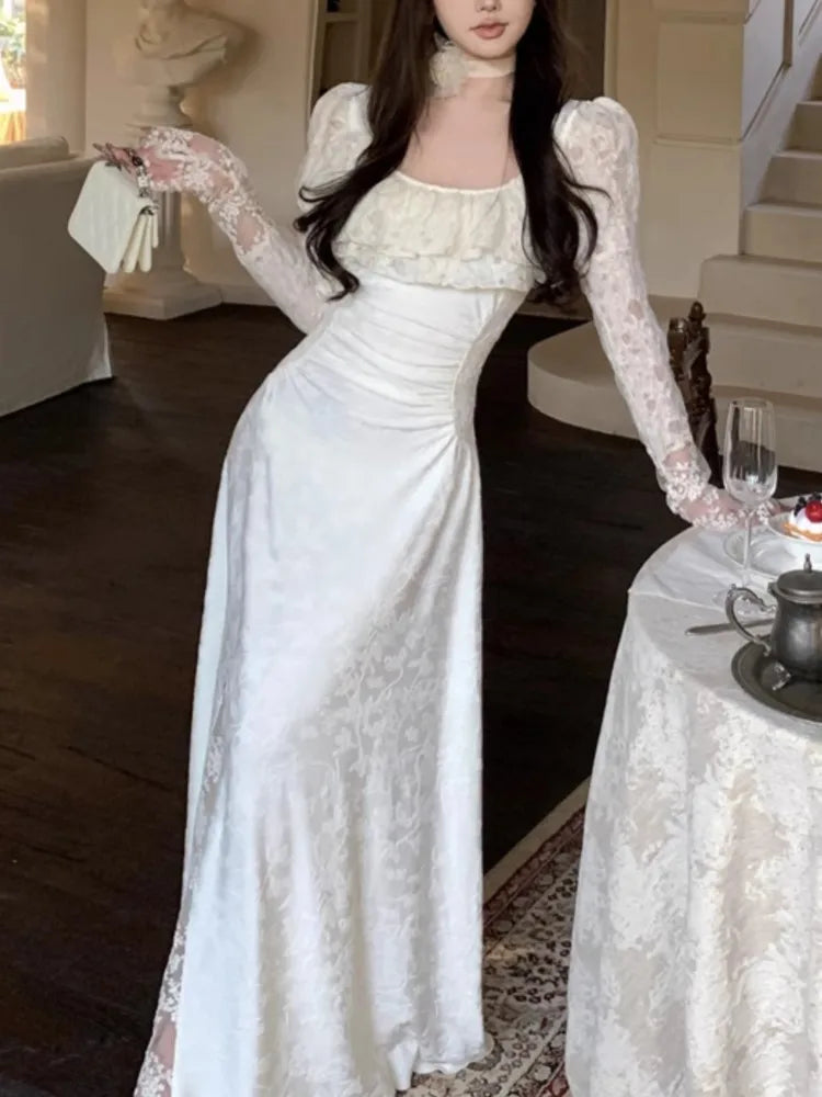 Lunivop  Elegant Lace Sleeve Long Dress for Women Chic Square Neck Retro Spliced Strappy Pleated Ruffle Party Prom One Piece Mujer Autumn