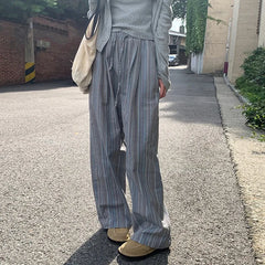Lunivop  100% Cotton Casual Homewear Striped Trousers Women New Korean Summer Drawstring Elastic Waist Loose Pant Sleeping Pants