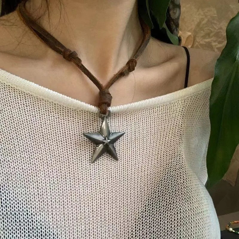 Lunivop Kpop Y2K Star Pendant Punk Necklace Cowboy Leather Rope Sweater Chain Adjustable Pentagram Long Necklace for Women Girl Jewelry