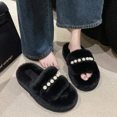 Lunivop Chunky Platform Fur Slippers Women Autumn New Fashion Pearl Thick Bottom Furry Outdoor Slippers Woman Short Plush Designer Shoes