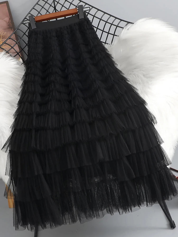Lunivop  Summer Elegant Women Tulle Skirt Korean Fashion Mesh A Line Ladies Cake Skirt High Waist Loose Party Female Skirts New