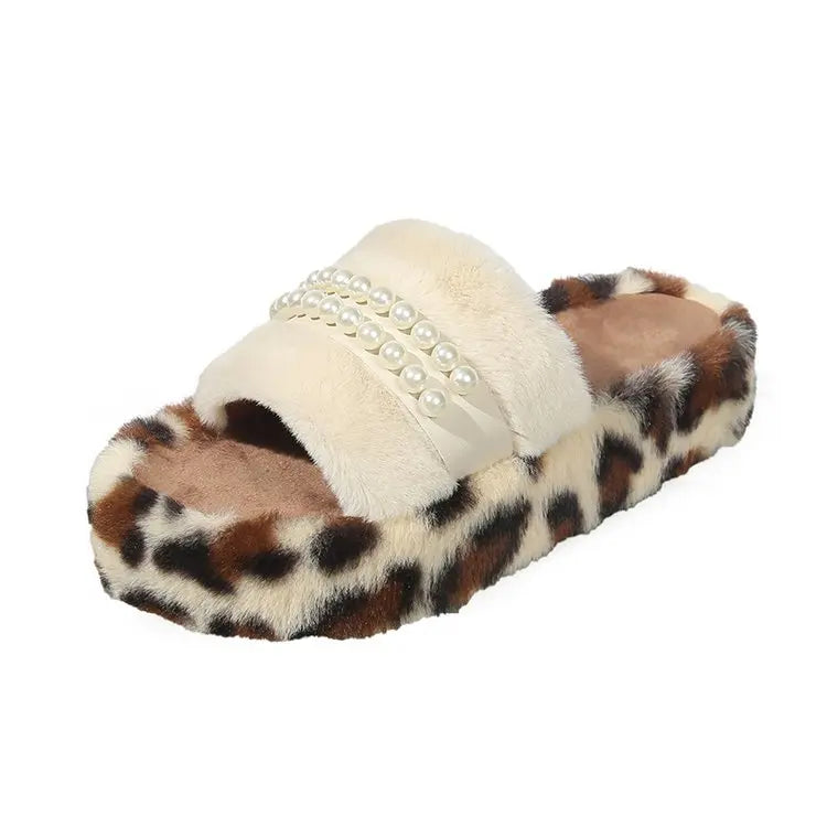 Lunivop Leopard Casual Fluffy Slippers Women Home Flat Fashion Pearl Designer Shoe Ladies Winter Elegant Footwear Open Toe Slippers