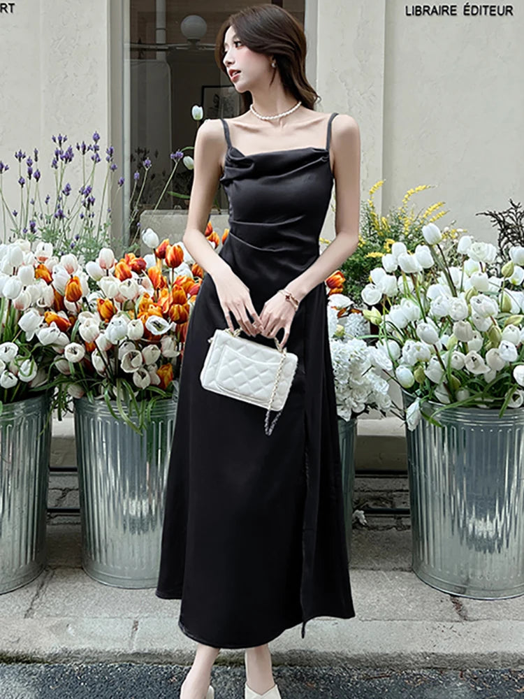 Lunivop  Summer Green Satin Swinging Collar Sling Long Dress Women Korean Vintage Luxury Party Vestidos Elegant Bodycon Night Dress
