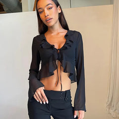 Lunivop Mesh See Through Ruffle Autumn  Long Sleeve V Neck Chiffon Blouse Shirts Loose Casual Streetwear Women Casual Clothes