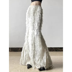 Lunivop Korean High Waist Solid Color All-match Mid-length Skirt Women Winter New Streetwear Tassel Stitching Casual A-line Skirt